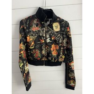Ed‎ Hardy Y2K Black Crop Zip Up Tattoo Junior Small NWT 0629